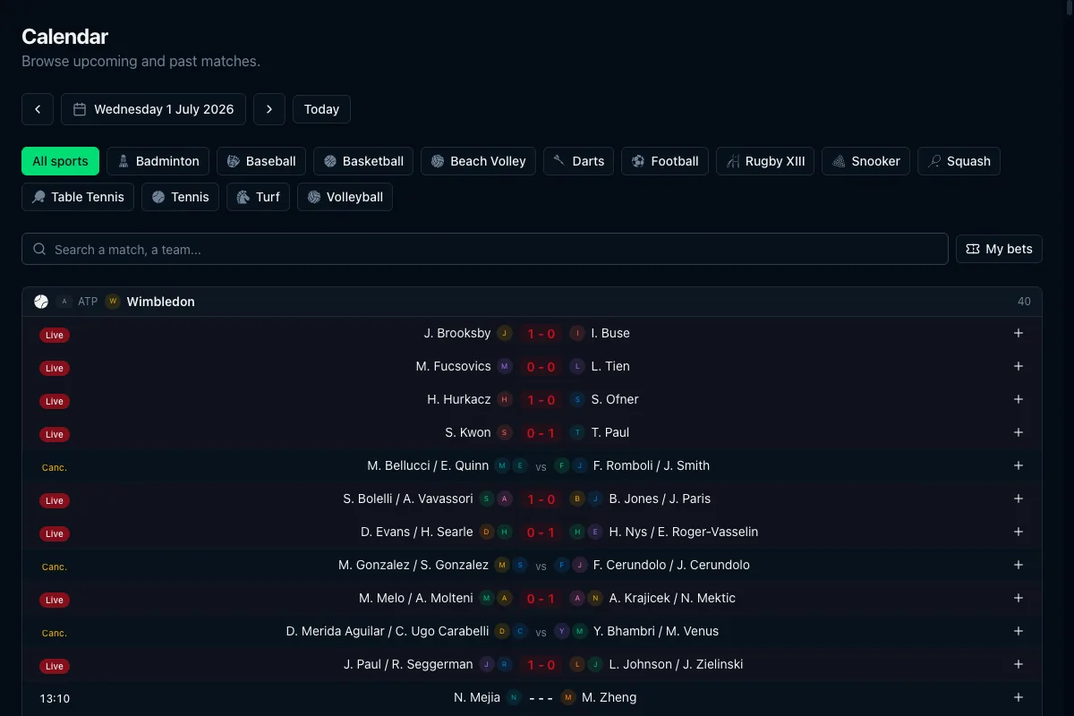 BettingTracker calendar preview: today's matches and tracked bets.
